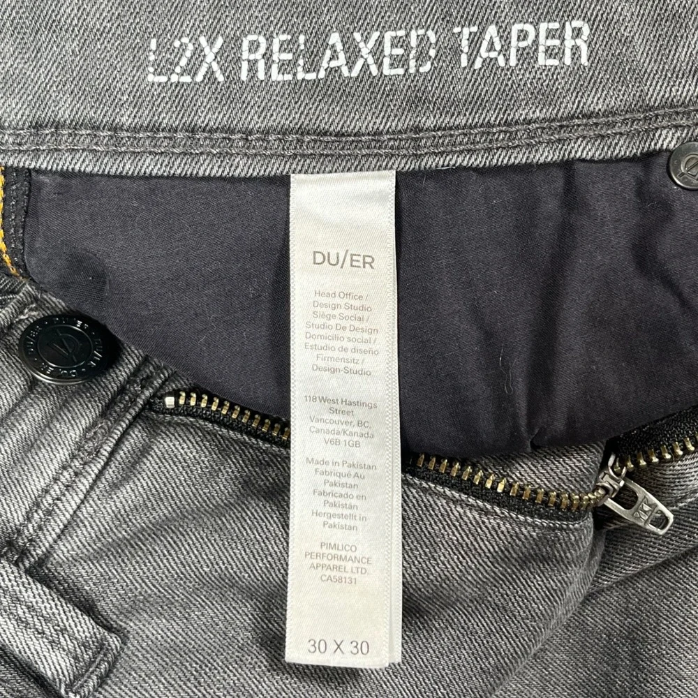 DU/ER L2X Relaxed Taper Pants Mens 30x30 Grey Performance Stretch Denim Casual